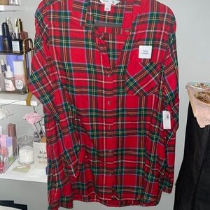 NWT old navy tartan plaid tunic length button down Sz L